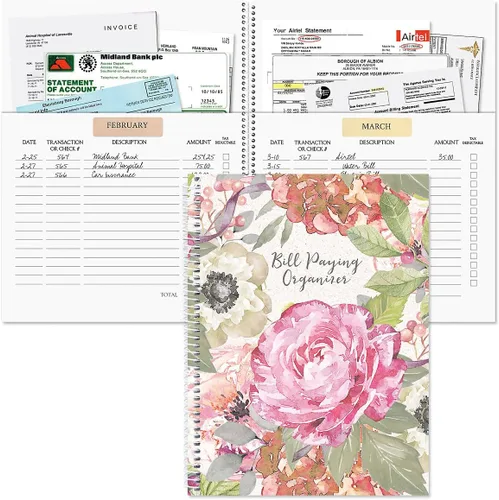 Libro Organizador de Pago de Facturas Pale Peony - Grande de 9" por 12 pulgadas, Encuadernado en Espiral, 14 Páginas con Bolsillos, 32 Etiquetas
