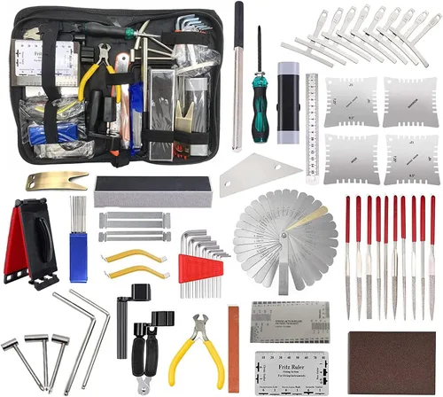 Juego completo de herramientas de reparación de guitarra de 61 piezas con herramienta de medición de calibrador de regla, llave hexagonal, limas de