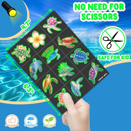 Miniatura 6 de 96 tatuajes temporales precortados de tortugas luminosas que brillan en la oscuridad para niños Suministros de decoración súper lindos
