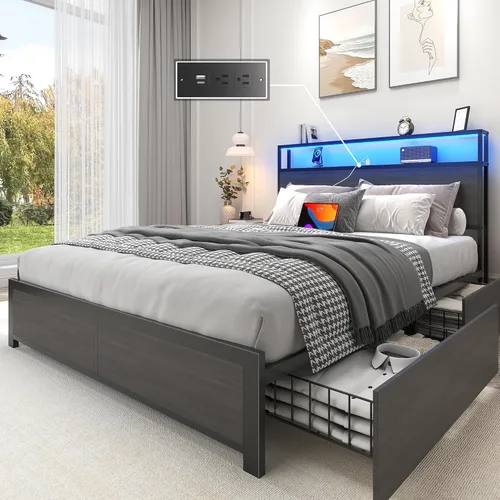 Miniatura 13 de Lifezone Estructura de Cama Full con Cabecero de Almacenamiento de 2 Niveles, Estructura de Cama de Plataforma de Metal con 4 Cajones de Marrón
