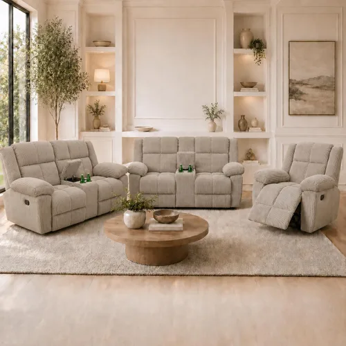 Miniatura 12 de Juego de sofá reclinable seccional con almacenamiento, juegos de muebles de pana para sala de estar, juego de sofá reclinable con portavasos, Beige