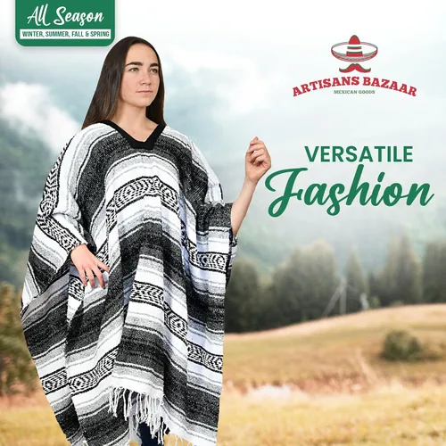 Miniatura 83 de Artisans Bazaar Poncho tradicional mexicano de Baja para hombres y mujeres, auténtico sarape de Gaban, manta de vaquero Pancho Jorongo