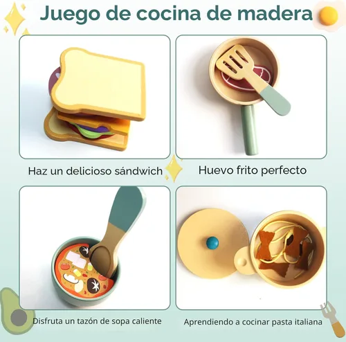 Miniatura 2 de Accesorios de cocina de madera para niños, ollas y sartenes de madera para jugar cocina, juguetes de simulación, juego de comida de madera