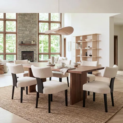 Miniatura 13 de Juego de 2 sillas de comedor de madera negra, sillas tapizadas de lino beige para cocina y comedor con respaldo medio, sillas laterales modernas