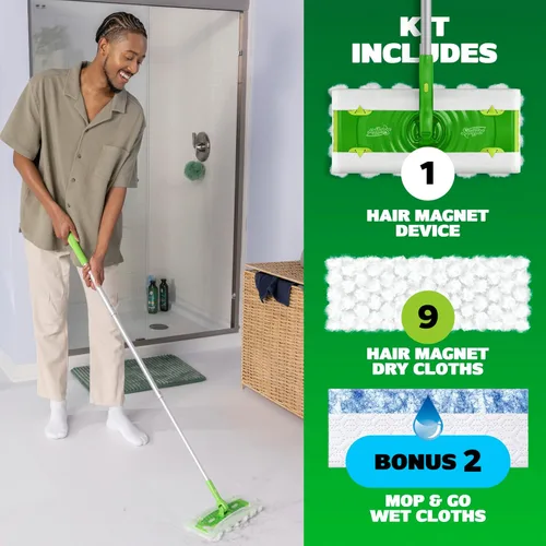 Miniatura 9 de Swiffer Kit de iniciación de lujo para el cabello con poste plegable, 9 paños secos con imán para el cabello, 2 paños húmedos adicionales para mopa