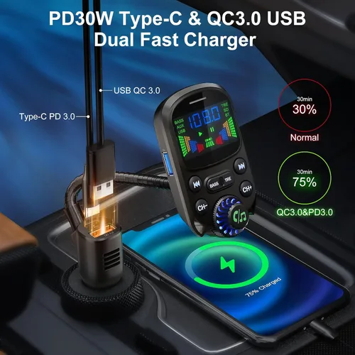 Miniatura 3 de Transmisor FM Bluetooth 5.3 para coche SOARUN Adaptador Bluetooth para automóvil PD30W y puerto USB, carga rápida, reproductor de agudos y graves