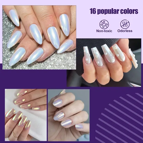 Miniatura 5 de Artdone 16 tarros de polvo de uñas cromado, kit de perlas blancas mágicas, efecto espejo de color, plata y oro, materias metálicas, polvo
