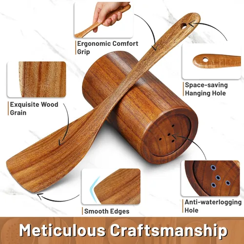 Miniatura 4 de Pleafind Juego de utensilios de madera de teca natural, 9 piezas, cucharas de madera para cocinar, juego de utensilios de cocina de madera