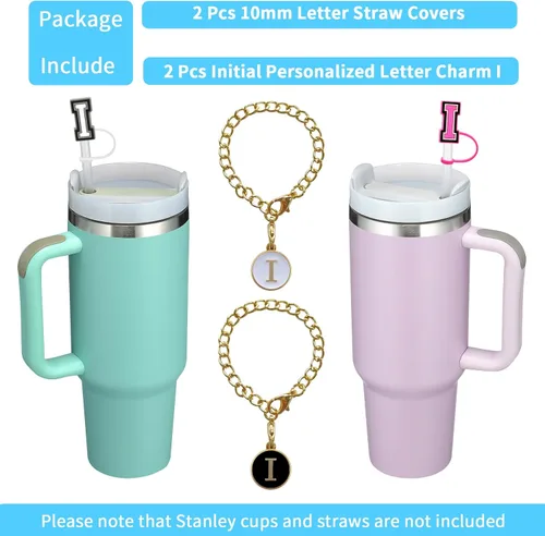 Miniatura 3 de 2 fundas de popote para copa Stanley de 30 y 40 onzas, 0.394 in con 2 dijes de letras personalizados, nombre de identificación, letra inicial