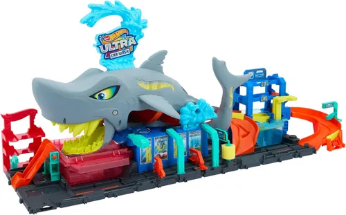 Miniatura 4 de Hot Wheels Juego de pistas de ciudad, lavado de autos Ultra Shark con vehículo de juguete de revelación de color a escala 1:64, función de cambio