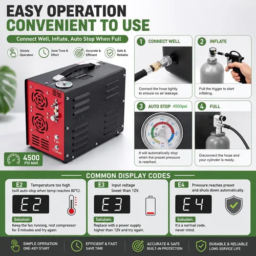 Miniatura 9 de PORTAIR - Compresor HPA portátil de 4500 PSI, parada automática, sin aceite/agua, convertidor de potencia integrado, compresor de aire PCP para Negro