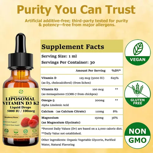 Miniatura 8 de Gotas líquidas de vitamina D3 K2 con calcio y magnesio omega3, alta potencia 5 en 1 D3 K2 vitamina 5000 UI Suplemento para la salud ósea, dientes