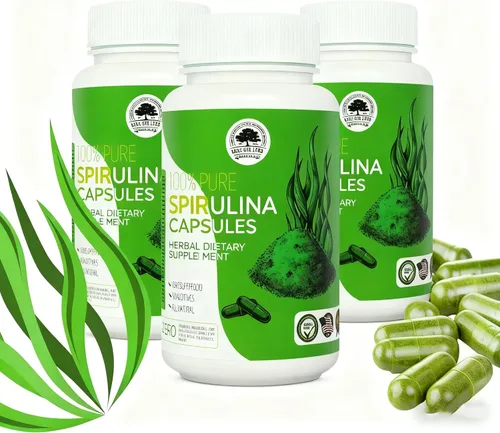3 botellas de cápsulas de espirulina, suplemento de espirulina premium, apoya el sistema inmunológico, corazón saludable, vegano, sin gluten, rico