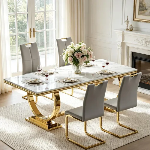 Miniatura 36 de Juego de mesa de comedor de mármol para 4, mesa de cocina rectangular de mármol blanco de 70 pulgadas con base en O de acero inoxidable dorado