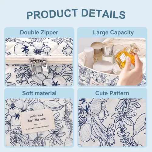 Miniatura 2 de GISMTR 3 Bolsas de Maquillaje Acolchadas de Algodón Grandes de Viaje Bolsa de Cosméticos Bolsa de Maquillaje Coqueta Bonita Bolsa de Tocador Floral
