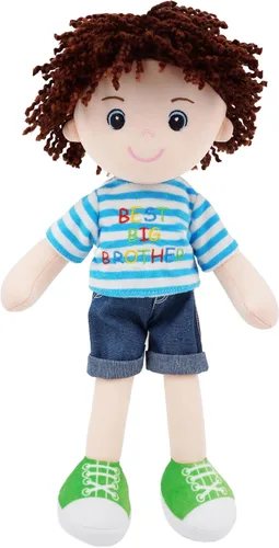 June Garden Snuggle Cutie Benny de 14 pulgadas, muñeco de felpa suave Best Big Brother, muñeco de peluche con camisa a rayas azules y zapatos Verde