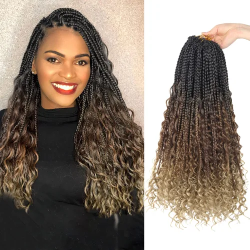 Miniatura 10 de Goddess Box Braids - Trenzas de cabello a ganchillo con extremos rizados, trenzas de caja bohemianas de 16 pulgadas, trenzas de ganchillo, 8 1B-4-30