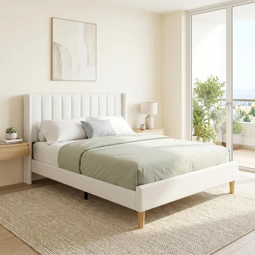 Base de cama Queen con cabecero, base de cama de plataforma con respaldo de terciopelo vertical copetudo, soporte de listones de madera, no necesita