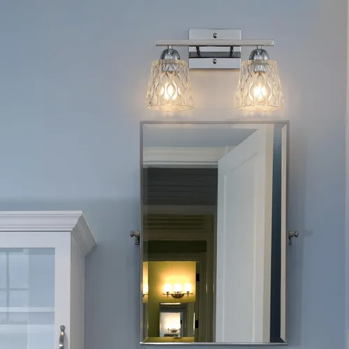 Miniatura 7 de Mecgirn Lámpara de tocador de baño de acero inoxidable sobre espejo, 2 lámparas de baño cromadas pulidas con pantallas de vidrio texturizado, Cromo