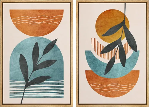 IDEA4WALL Juego de arte de pared en lienzo enmarcado, polígonos en colores pastel naranja y azul, plantas de bosque, formas abstractas,