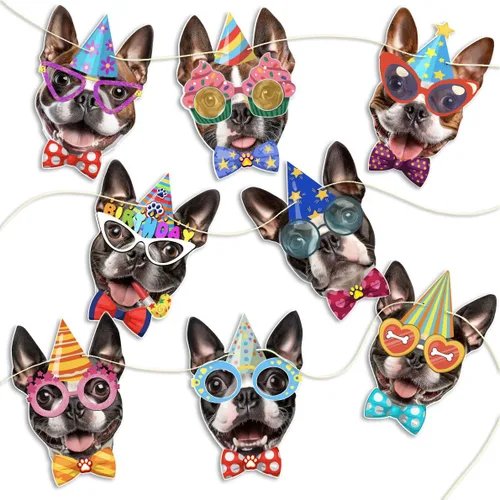 Guirnalda de cumpleaños para perro Boston Terrier, pancarta de cumpleaños con caras fotográficas de Boston Terrier, decoración divertida de fiesta