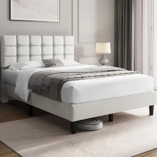 Miniatura 3 de Yaheetech Marco de Cama Tapizado, Plataforma de Cama Full Moderna con Cabecera de Costura Cuadrada y Capitoné con Botones, Altura Ajustable, Soporte