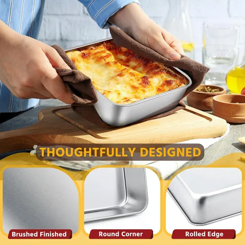 Miniatura 5 de E-far Juego de sartenes para hornear cuadradas de 6 x 6 pulgadas con tapa, bandejas pequeñas de acero inoxidable para pastel y brownie para horno
