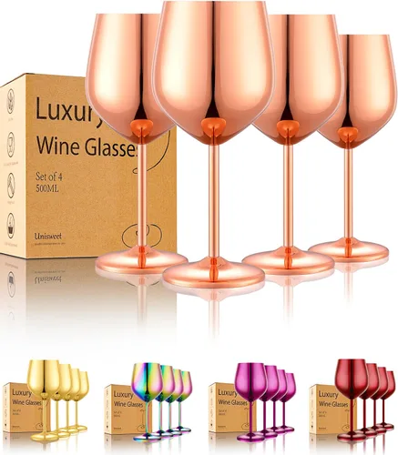 Miniatura 12 de UNISWEET Juego de 4 copas de vino de acero inoxidable irrompibles azules de 18 oz, copas de vino únicas de metal para exteriores, viajes, camping