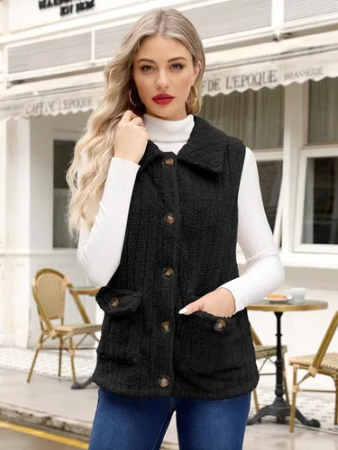 Miniatura 3 de Spadehill Chaleco de forro polar para mujer, chaleco de solapa cálido para otoño e invierno