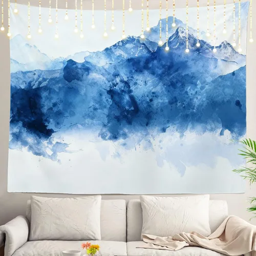 Miniatura 17 de Shrahala Tapiz de pared azul brillante, acuarela azul degradado para colgar en la pared, tapiz grande decorativo de fibra de poliéster, dobladillo