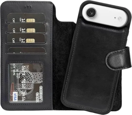 Miniatura 42 de HARDISTON Funda de piel auténtica de alta calidad hecha a mano para iPhone 11 Pro de 5.8 pulgadas, tarjeteros de doble folio, funda magnética Negro