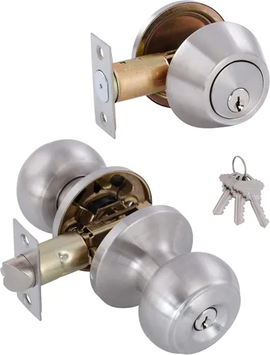Miniatura 7 de Paquete de 2 pomos de puerta idénticos con llave, cerrojo de seguridad de un solo cilindro, pomos clásicos de níquel satinado para puerta exterior