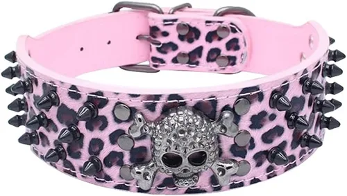Miniatura 25 de Collar de cuero para perro, collar de perro con pinchos y tachuelas para perros medianos y grandes Pit Bull Mastiff Bully Boxer (S, rosa intenso)
