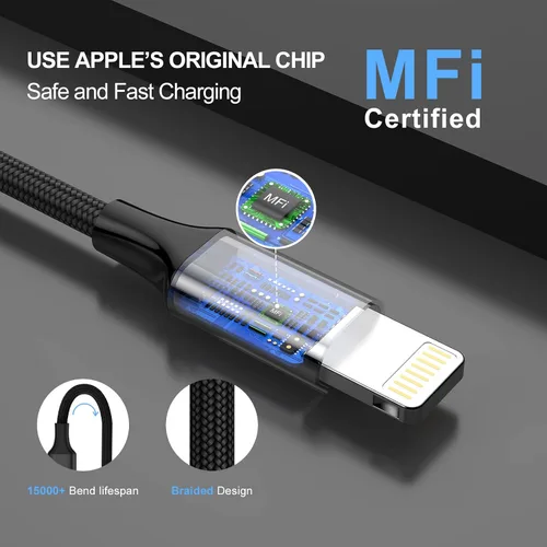 Miniatura 4 de [Certificado Apple MFi] Cargador rápido para automóvil, adaptador de corriente de carga rápida USB 4.8A dual con 2 cables Lightning Carplay de 3