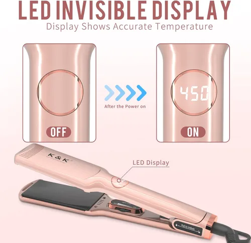 Miniatura 3 de K&K Plancha de pelo de 1 3/4 pulgadas con titanio galvanizado, temperatura ajustable, alta temperatura, 450 grados, 30s, calienta instantáneamente