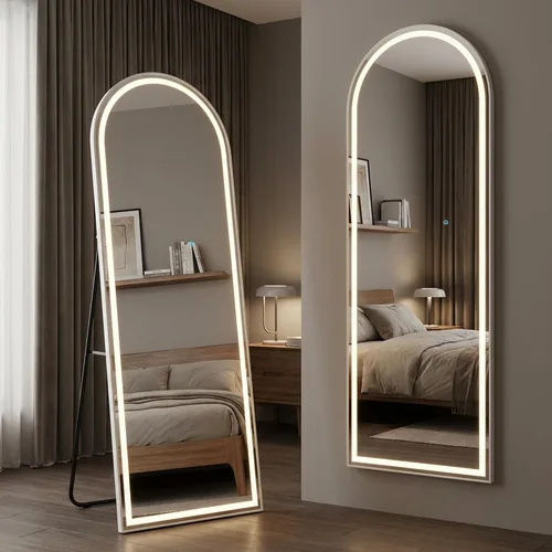 Miniatura 10 de Espejo arqueado de cuerpo entero con luces LED, espejo de piso de 60"x16" con soporte, espejos corporales de piso con atenuación e iluminación de 3