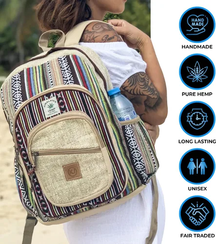 Miniatura 2 de KayJayStyles Natural - Mochila grande de cáñamo Nepal hecha a mano, BKPK-2, Computadora portátil