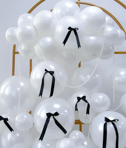 Miniatura 12 de Kit de arco de globos de 185 piezas negros y de arena de perlas doble relleno con lazos y perlas de imitación, globos negros y blancos