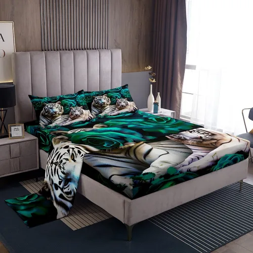 Miniatura 30 de Erosebridal Sábanas de cama de guepardo con rosa roja, juego de sábanas de bolsillo profundo con estampado de leopardo y gato, sábana bajera