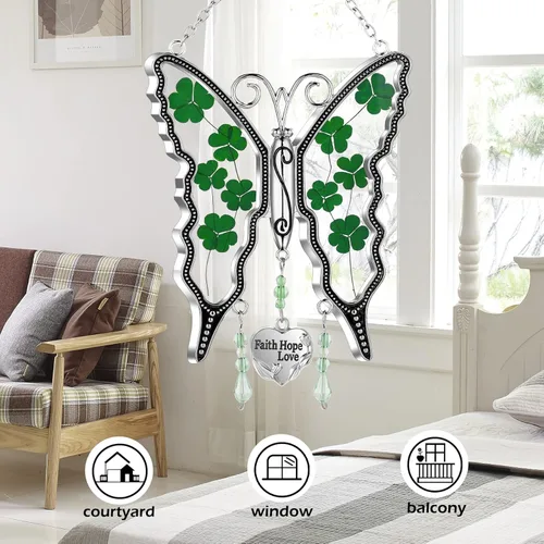 Miniatura 5 de KY&BOSAM Trébol mariposa atrapasoles Faith Hope Love Irish Catcher para ventana, adorno colgante celta, carillón de viento, alas de flores reales