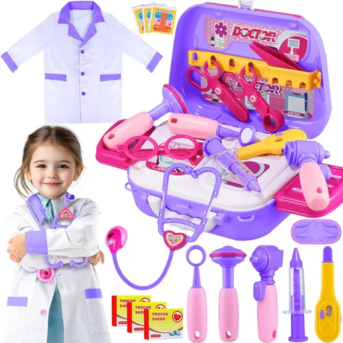 GINMIC Kit de médico para niños pequeños de 3 a 5 años, 22 piezas con juego de rol de Halloween, disfraz de médico y funda de transporte para niños