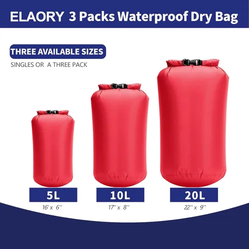 Miniatura 2 de Bolsas secas impermeables, paquete de 3 (5 L, 10 L, 20 litros), bolsas de almacenamiento ligeras e impermeables para viajes, canotaje, pesca, Rojo