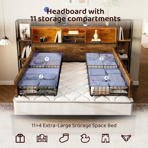 Miniatura 3 de BRELTAM Base de cama tamaño King con 4 cajones de almacenamiento y cabecero con almacenamiento de estantes, marco de cama de plataforma de madera