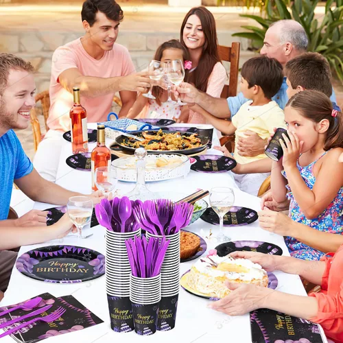 Miniatura 6 de Juego de vajilla de 168 piezas de suministros para fiesta de cumpleaños morados y negros, platos, cuchillos, tenedores, cucharas, tazas