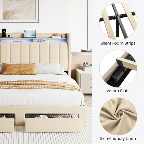 Miniatura 9 de SHA CERLIN Base de cama de plataforma de tamaño matrimonial con cabecera de canal vertical copetuda y 2 cajones de almacenamiento, estantes de 2