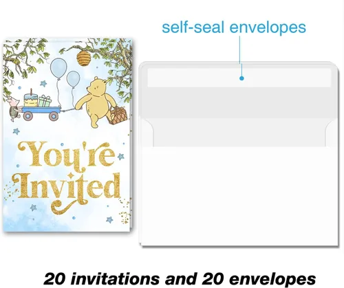 Miniatura 3 de Invitaciones de baby shower de Winnie Pooh pertnate, invitaciones de baby shower de Winnie Pooh para niño, 20 invitaciones con sobres