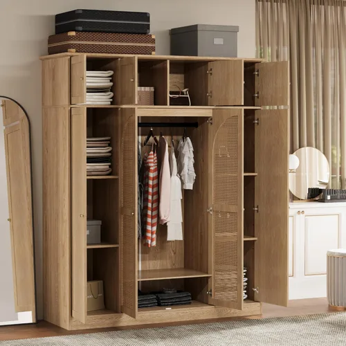 Miniatura 4 de Armario grande de 4 puertas con puertas de ratán, armario de madera independiente de 70.87 pulgadas de alto con barra para colgar y estantes