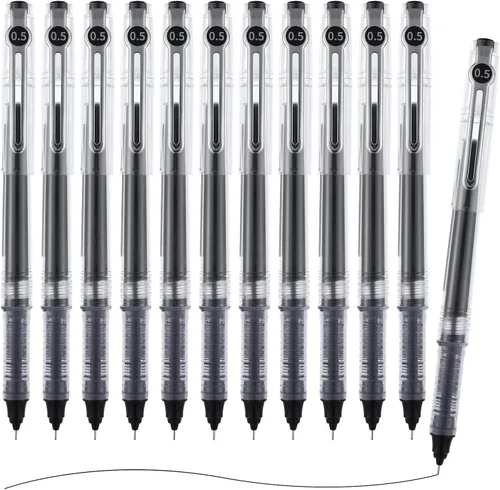 M&G Bolígrafos de punta fina de tinta líquida, 12 unidades, tinta negra de 0.020 in, punta fina de secado rápido, con tapa para enchufar y agarre