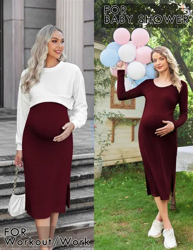 Miniatura 5 de Ekouaer Maternity Dress Rib Knit Long Sleeve Side Slit Bodycon Dresses Pregnancy Baby Shower Clothes S-XXL