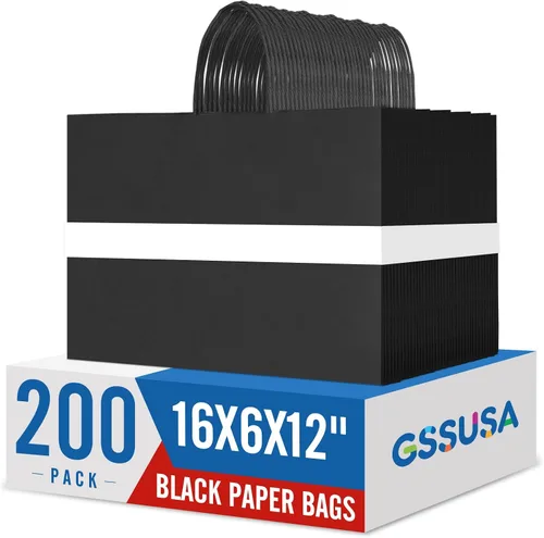 Miniatura 14 de GSSUSA Paquete de 200 bolsas de regalo de papel negro de 5.25 x 3.75 x 8 pulgadas, bolsas de papel kraft negras con asas a granel para compras